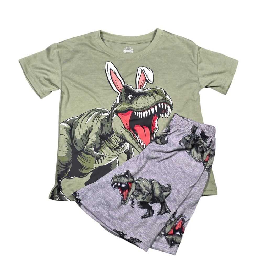 Wonder Nation Kids T-Rex Bunny Pajama Set Green Grey 2pc Sleepwear XS 4-5 NWT